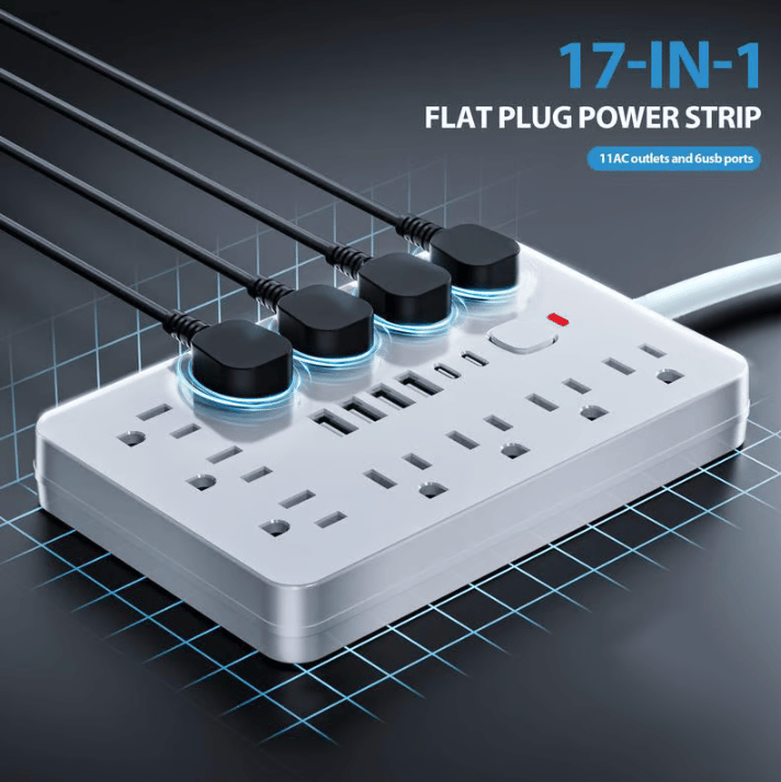 17 in 1 Surge Protector Power Strip, 1 Count Flat Plug Power Strip with 4 USB Ports and 2 USB-C