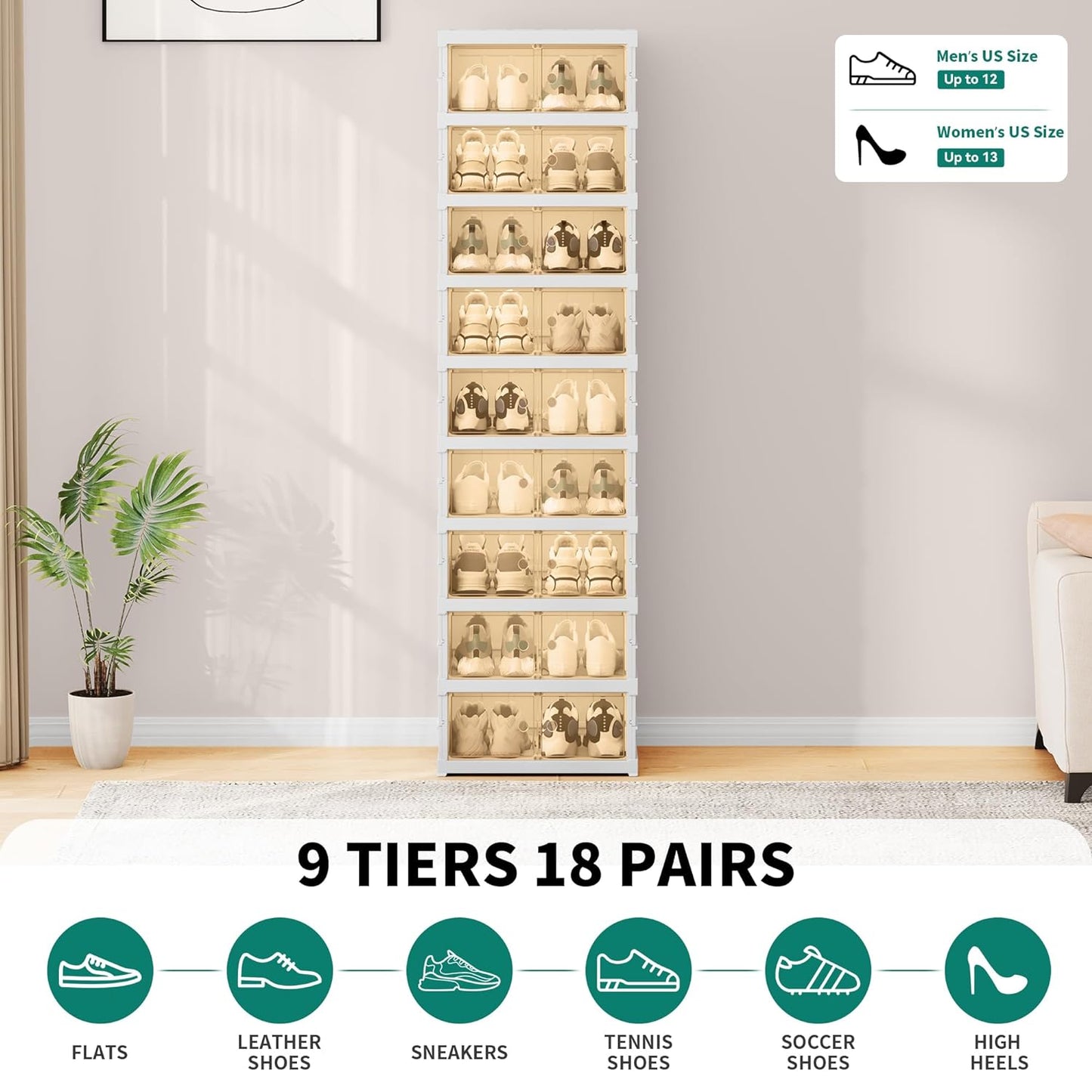 9 Tiers-18 Pairs Shoe Box Foldable Shoe Storage Organizer Shoe Rack with Doors