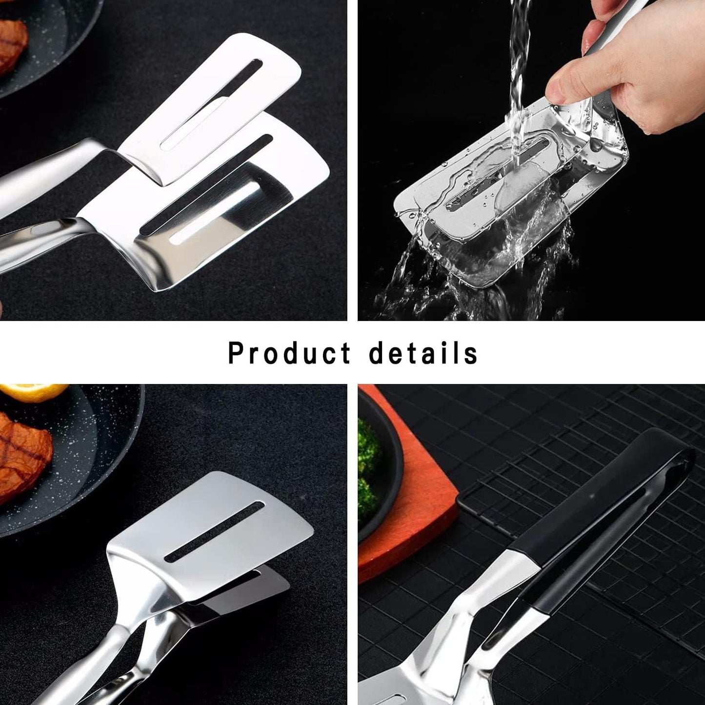 2 in 1 Egg Spatula, Stainless Steel Spatula Tongs 10 inch Cooking Tongs Steak Clamp Anti-Scald Double Sided Spatula Turner Kitchen Shovel for Bread Fish Pancake Toast