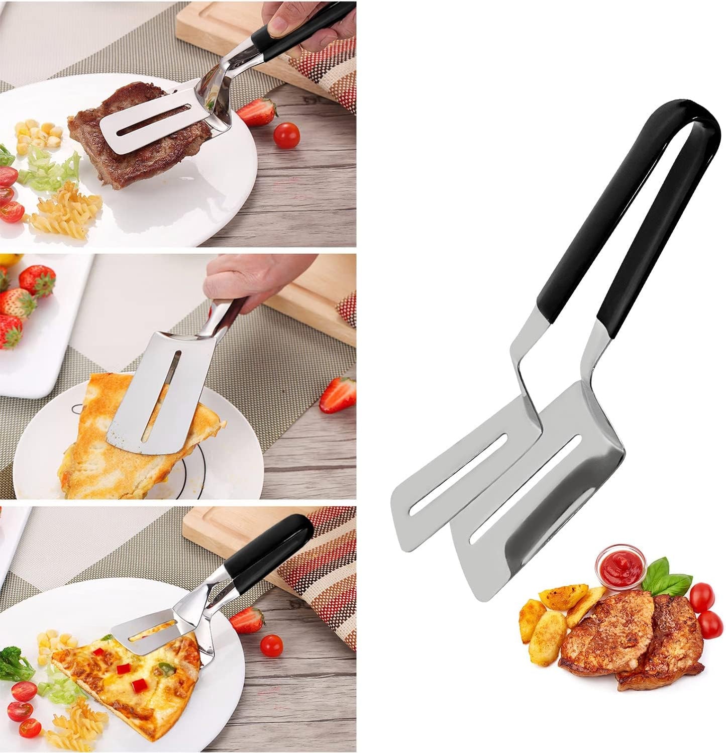 2 in 1 Egg Spatula, Stainless Steel Spatula Tongs 10 inch Cooking Tongs Steak Clamp Anti-Scald Double Sided Spatula Turner Kitchen Shovel for Bread Fish Pancake Toast