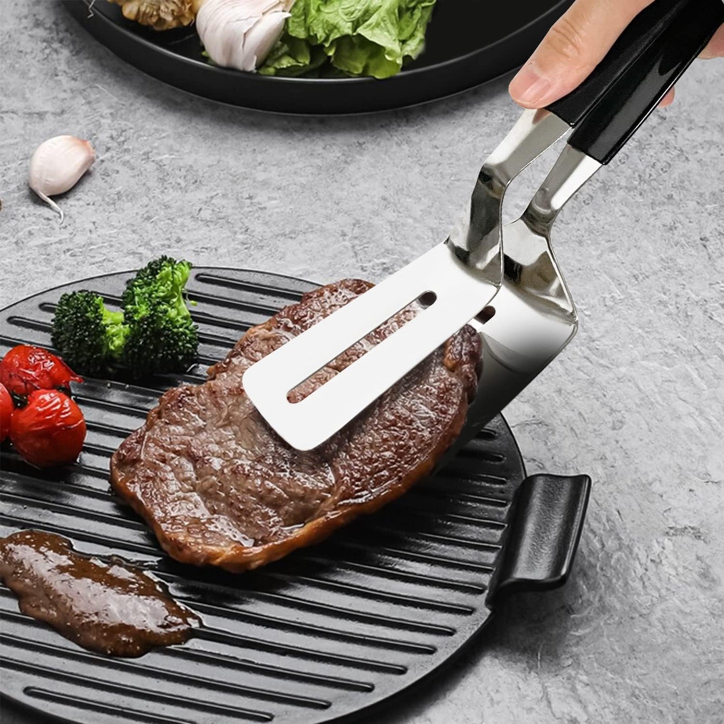 2 in 1 Egg Spatula, Stainless Steel Spatula Tongs 10 inch Cooking Tongs Steak Clamp Anti-Scald Double Sided Spatula Turner Kitchen Shovel for Bread Fish Pancake Toast