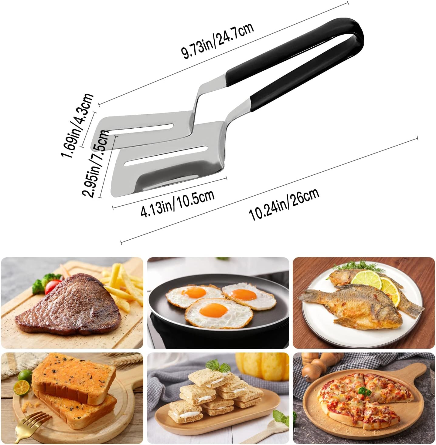 2 in 1 Egg Spatula, Stainless Steel Spatula Tongs 10 inch Cooking Tongs Steak Clamp Anti-Scald Double Sided Spatula Turner Kitchen Shovel for Bread Fish Pancake Toast