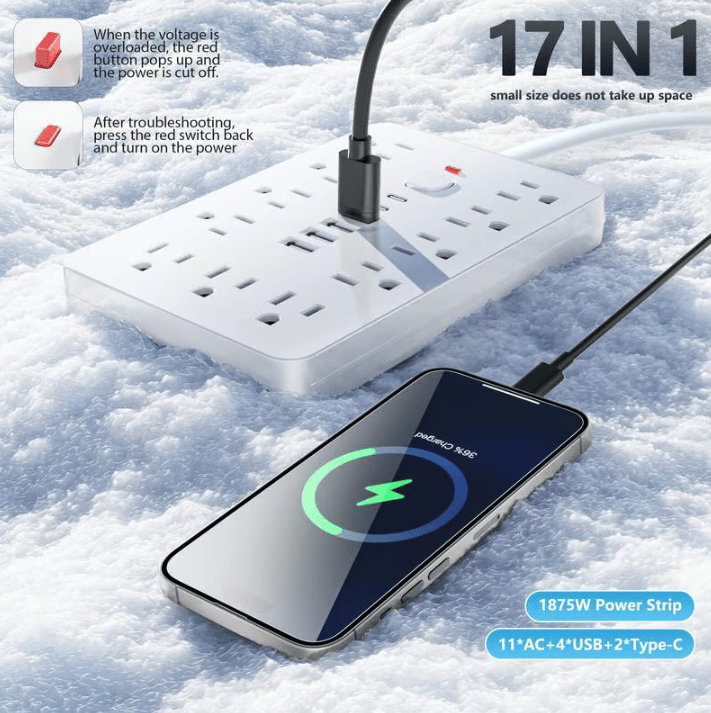 17 in 1 Surge Protector Power Strip, 1 Count Flat Plug Power Strip with 4 USB Ports and 2 USB-C