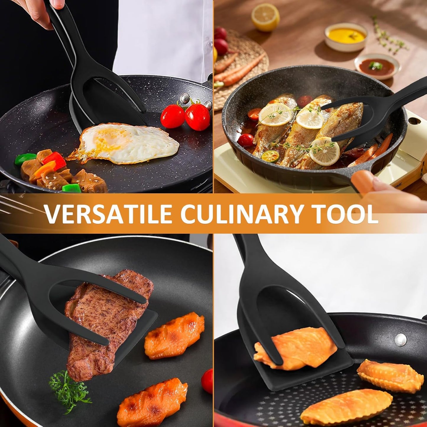 2 in 1 Egg Spatula, Stainless Steel Spatula Tongs 10 inch Cooking Tongs Steak Clamp Anti-Scald Double Sided Spatula Turner Kitchen Shovel for Bread Fish Pancake Toast